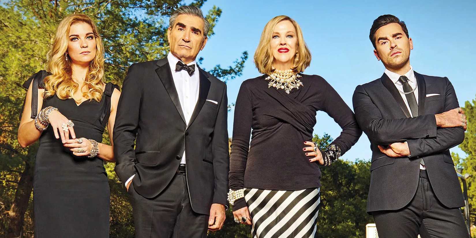 Annie Murphy, Eugene Levy, Catherine O'Hara, and Dan Levy in a promotional image for 'Schitt's Creek'