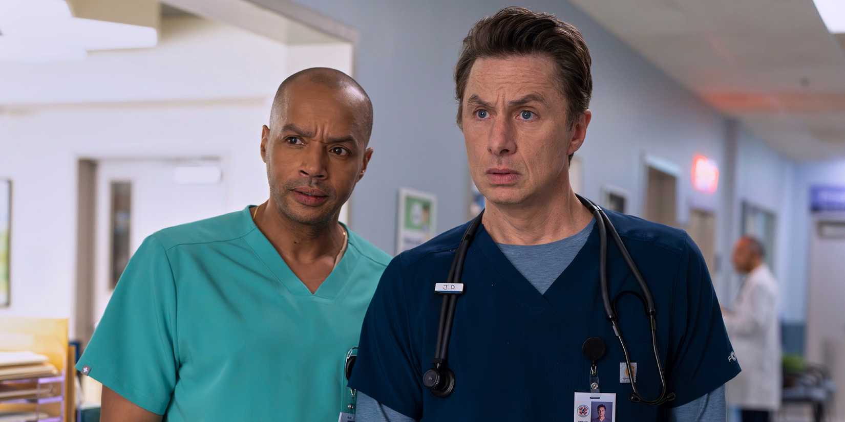 Zach Braff and Donald Faison looking serious in Scrubs
