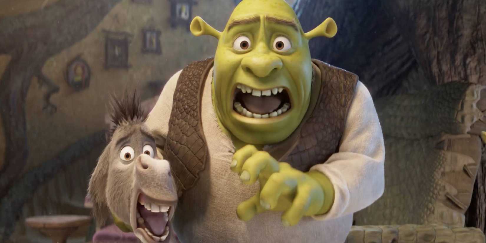 Shrek and Donkey looking astonished at a mirror in Shrek 5 teaser