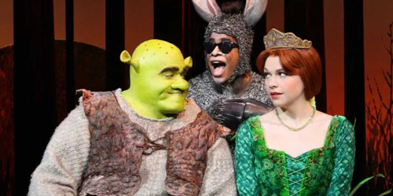 Brian D'Arcy James as Shrek, Daniel Breaker as Donkey, and Sutton Foster as Princess Fiona in 'Shrek the Musical.'