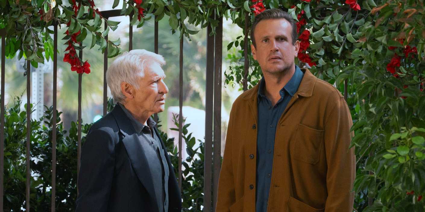 Jason Segel as Jimmy standing outside while being schooled by Harrison Ford as Paul in Shrinking Season 3