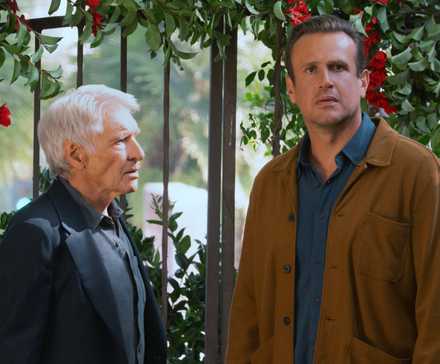 Jason Segel as Jimmy standing outside while being schooled by Harrison Ford as Paul in Shrinking Season 3