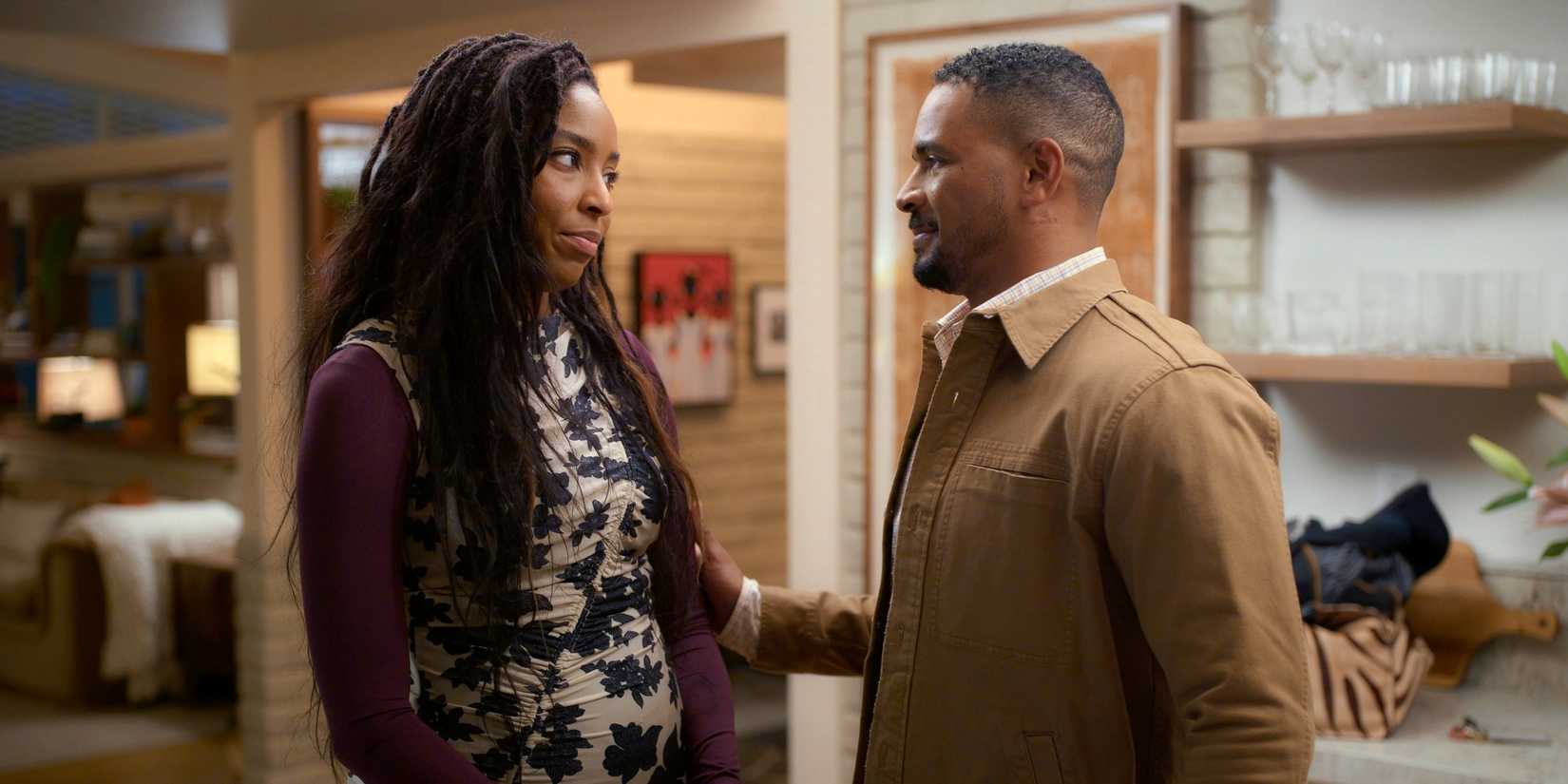 Damon Wayans Jr. as Derrick holding the left arm of Jessica Williams as Gaby in Shrinking Season 3
