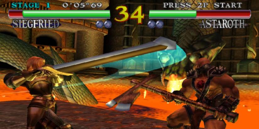 Two characters clashing in a lava filled area in SoulCalibur