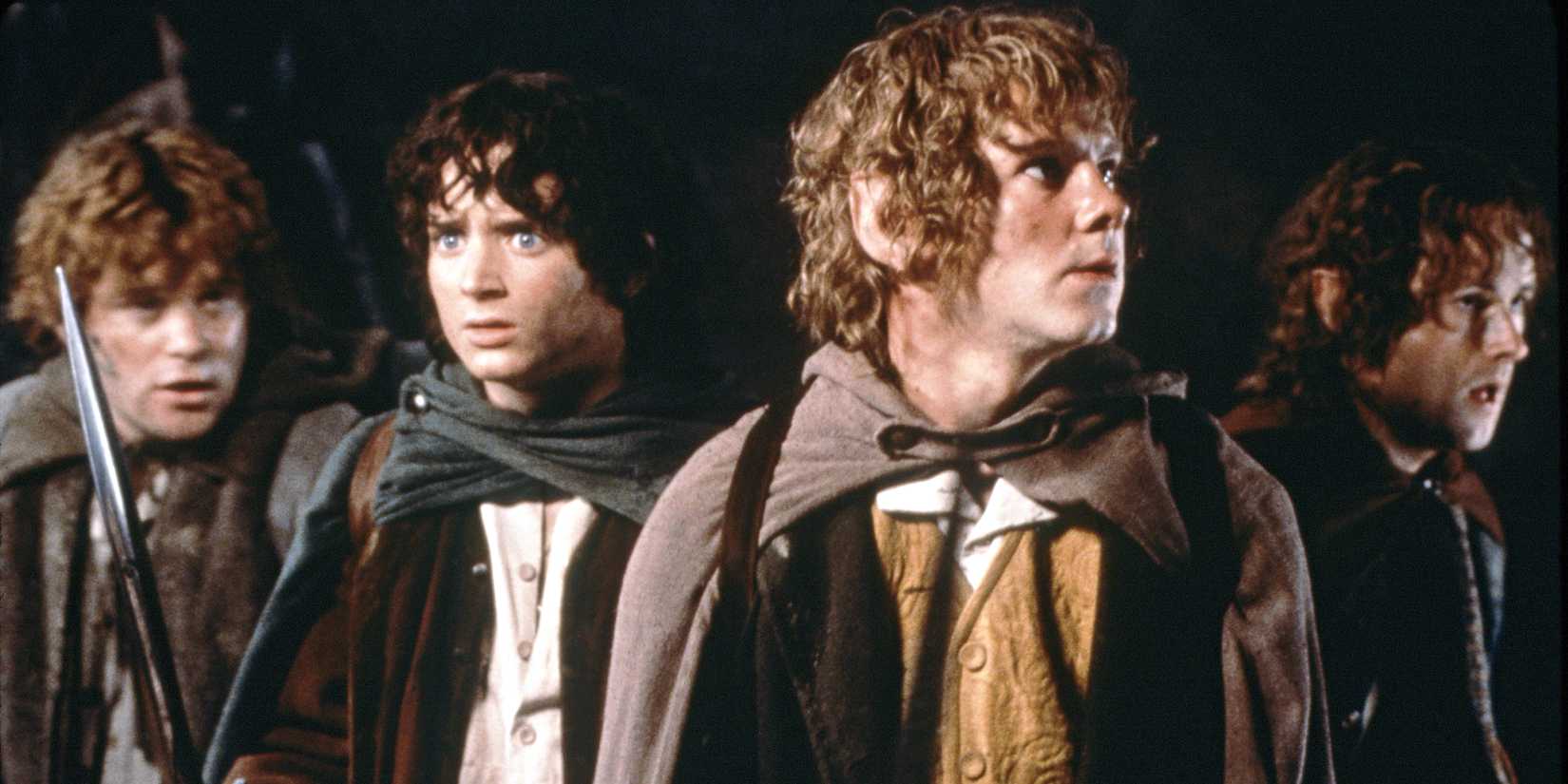 Sean Astin, Elijah Wood, Dominic Monaghan, and Billy Boyd in The Lord of the Rings: The Fellowship of the Ring