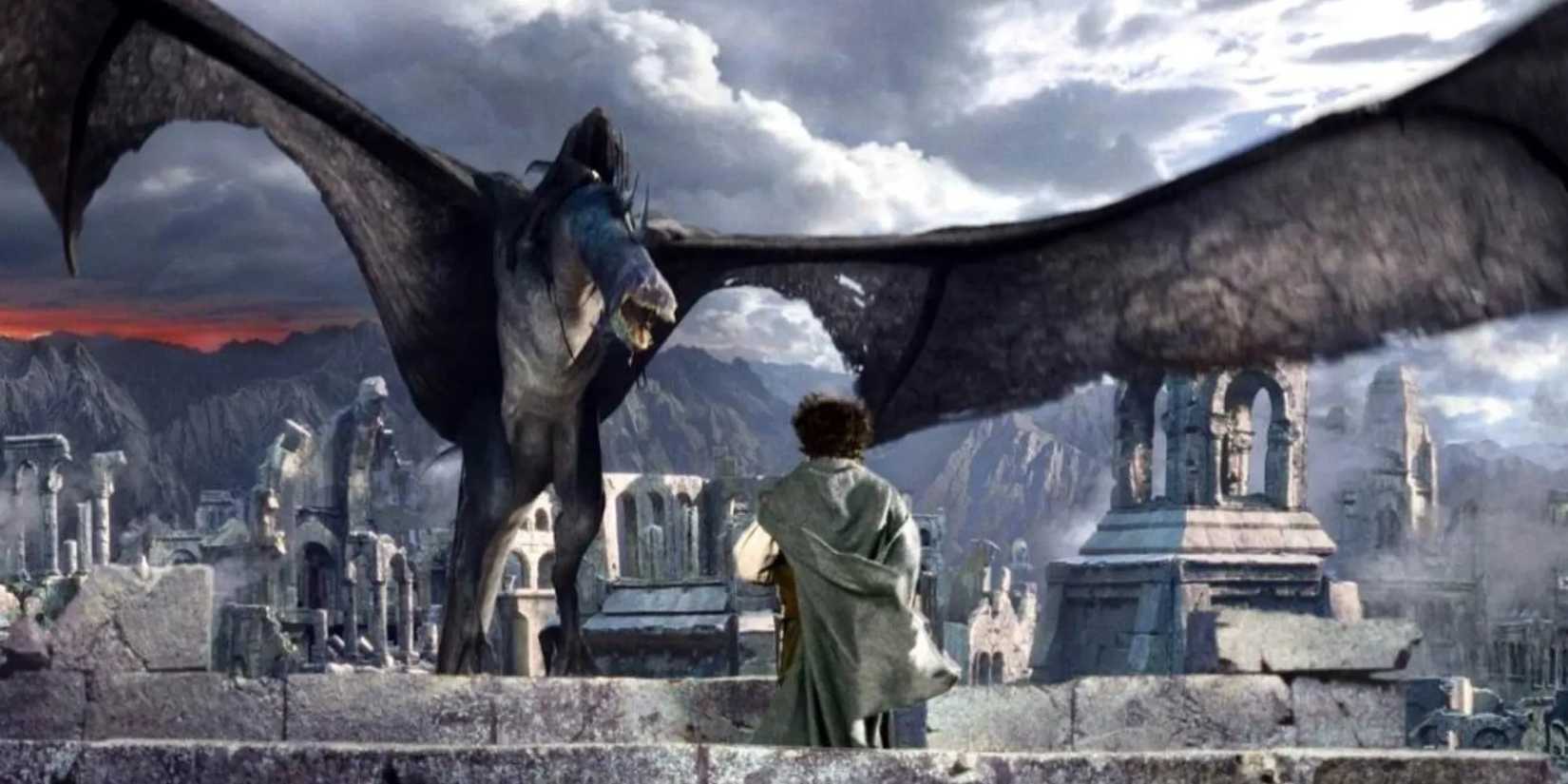 A Nazgul riding a Fell Beast tries to get Frodo Baggins