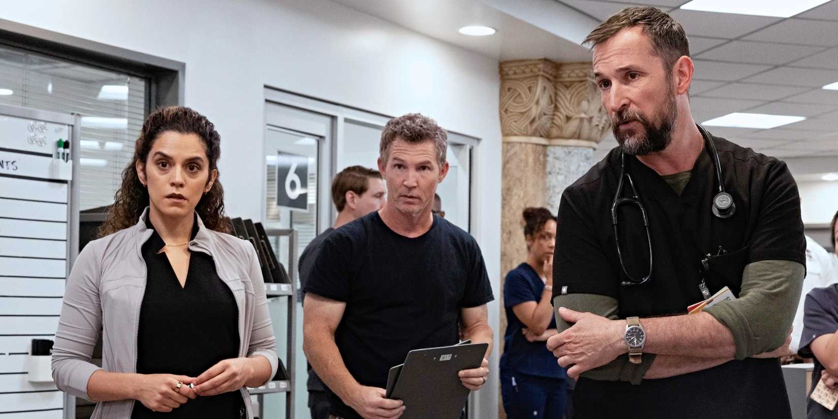 Sepideh Moafi, Shawn Hatosy, and Noah Wyle in The Pitt Season 2