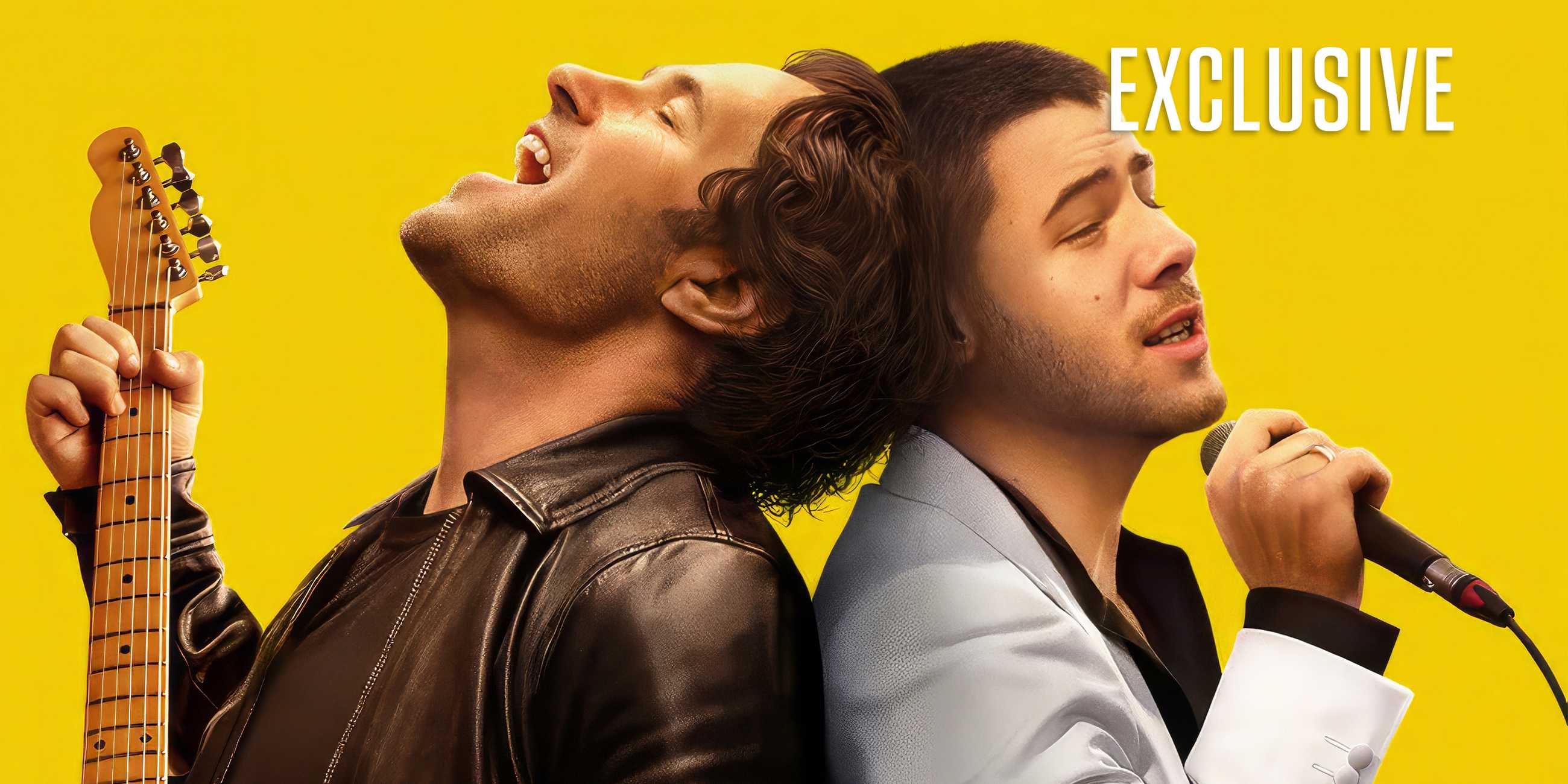 Paul Rudd and Nick Jonas backt-to-back singing in an exclusive image for Power Ballad.