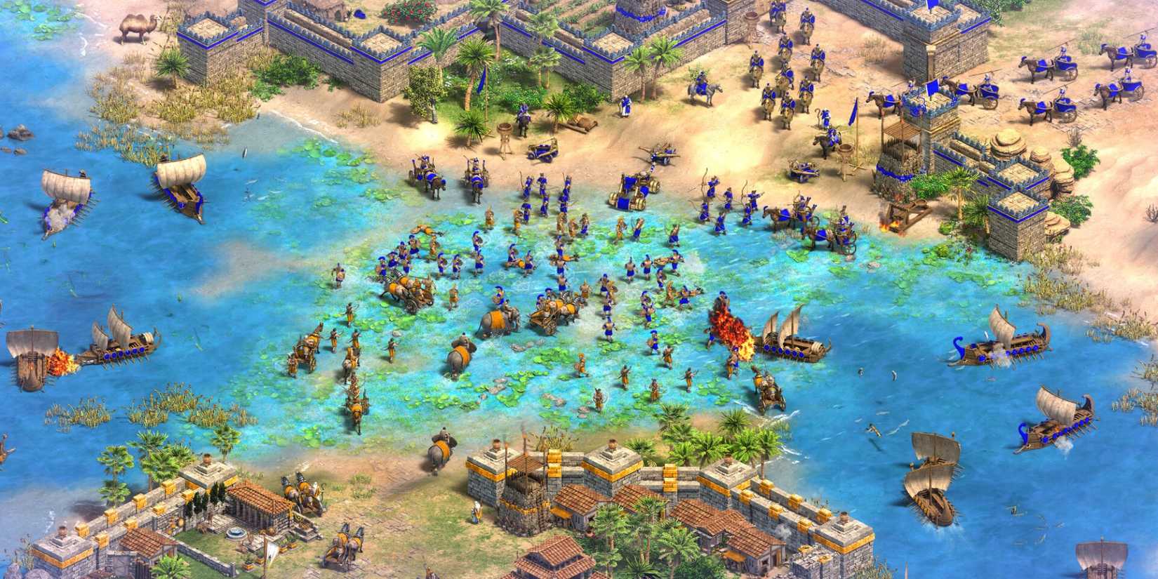 A massive naval and land battle over a fjord in 'Age of Empires II'
