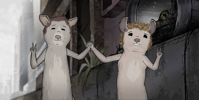 Two rats holding up peace signs in the HBO comedy series 'Animals.'