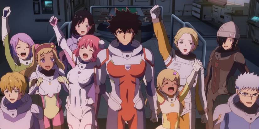 A group of characters cheering in 'Astra Lost in Space'