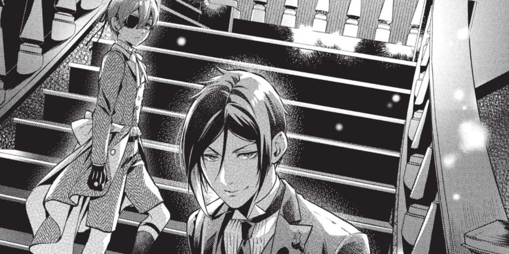 Ciel and Sebastian on a staircase in Black Butler manga
