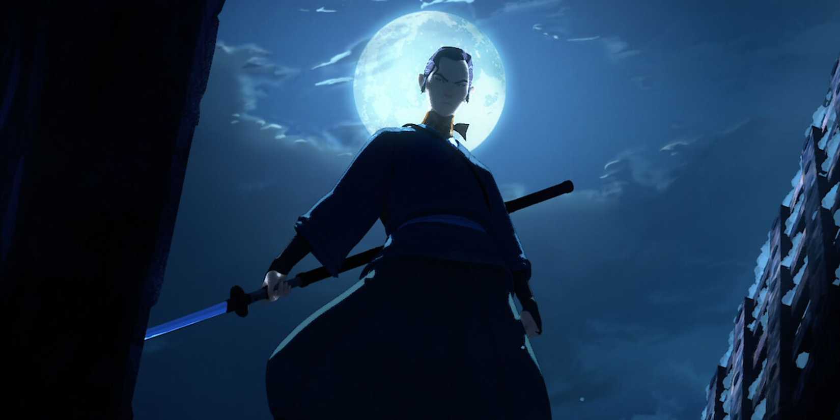 Mizu standing tall with her sword held behind her and the moon shining brightly behind her head