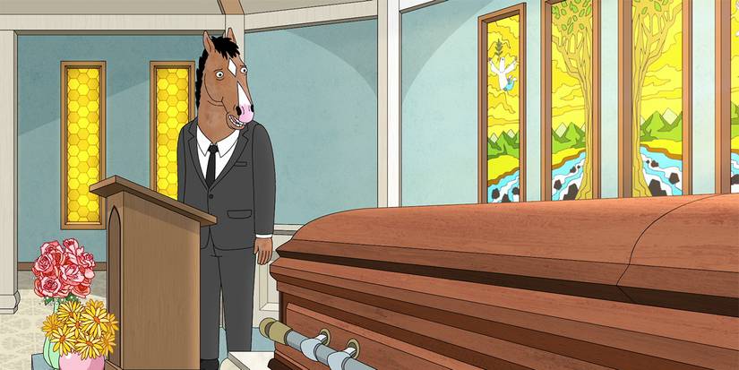BoJack looking at his mom's casket at her funeral in BoJack Horseman.