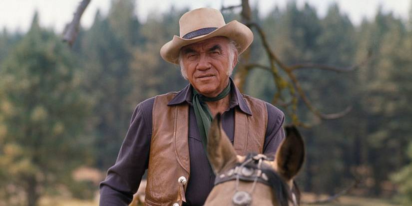 Lorne Greene on a horse in the NBC Western series 'Bonanza'