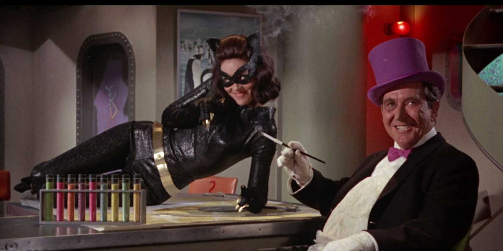 Lee Meriwether as Catwoman and Burgess Meredith as Penguin in Batman 1966