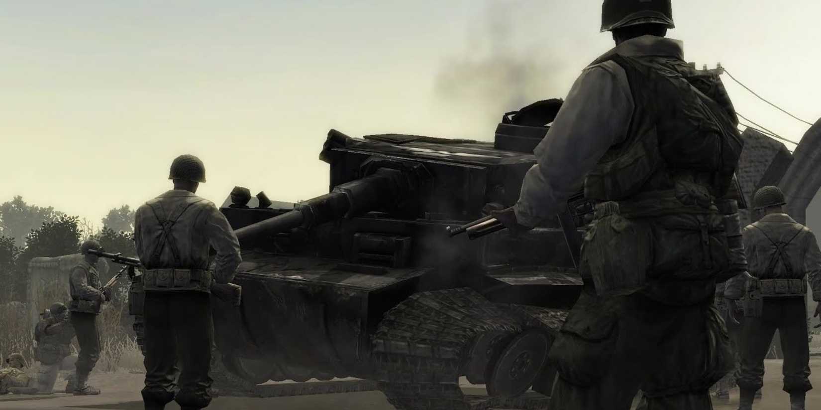 American soldiers approach a wrecked tank in 'Company of Heroes'