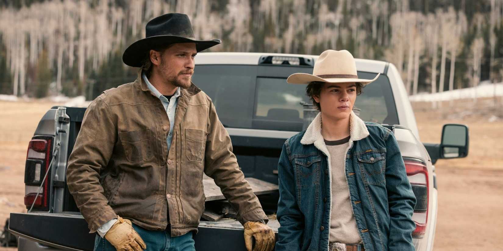 "Wolves at the Door" -- CBS Original Series MARSHALS, scheduled to air on Sunday, May 24 (8:00-9:00 PM, ET/PT). Pictured (L-R): Luke Grimes as Kayce Dutton and Brecken Merrill as Tate Dutton. Photo: Fred Hayes/CBS ©2025 CBS Broadcasting, Inc. All Rights Reserved.