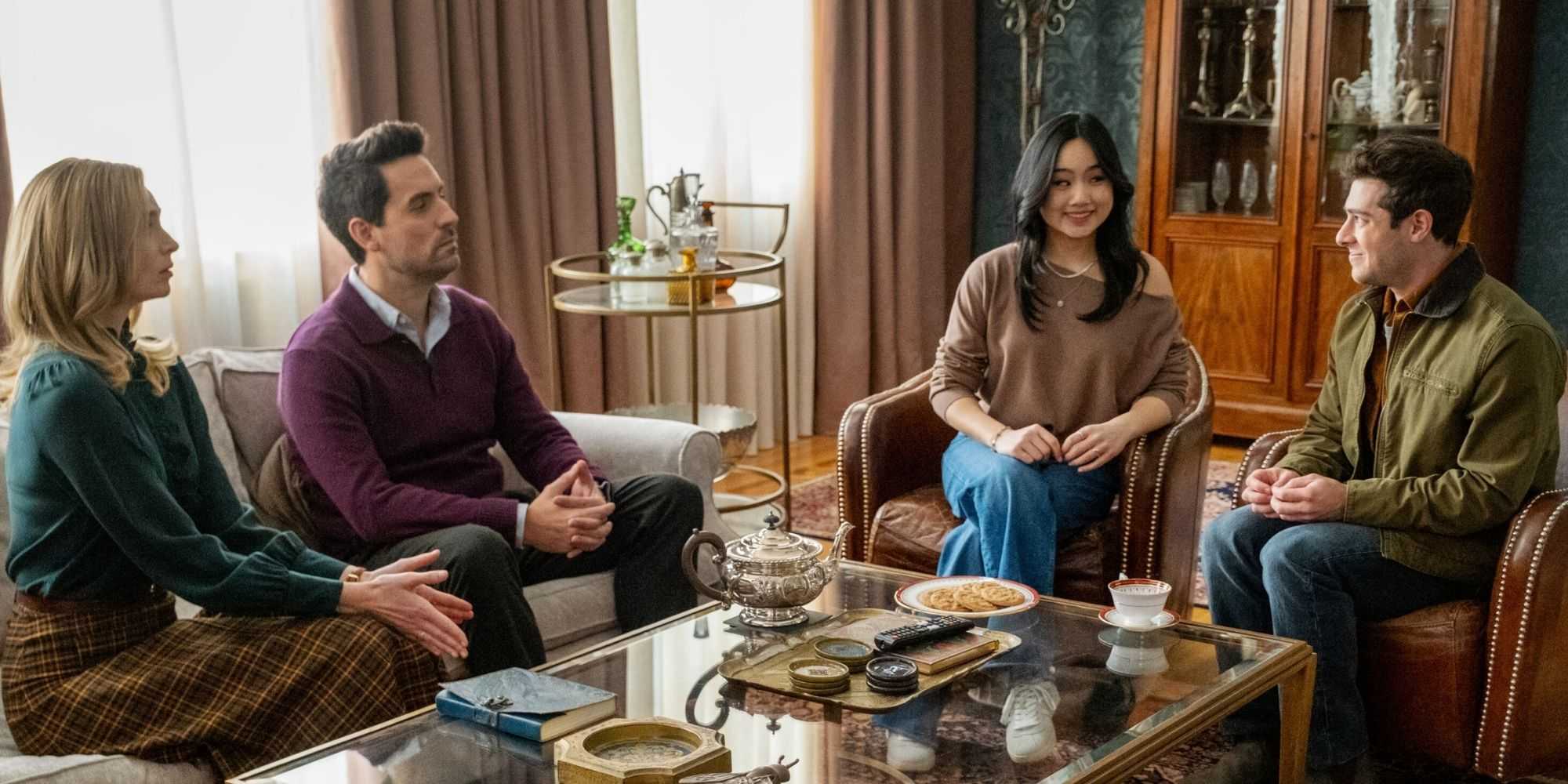 CBS Original Series ETERNALLY YOURS, scheduled to air THURSDAYS (8:30 PM ET/PT) An eternal love story about two vampires who have been married for five hundred years, and their struggles to accept the human who is dating their daughter. Pictured: Allegra Edwards as Liz, Ed Weeks as Charles, Helen J Shen as Emma and Jaren Lewison as Max Photo: Bertrand Calmeau/CBS ©2026 CBS Broadcasting, Inc. All Rights Reserved.