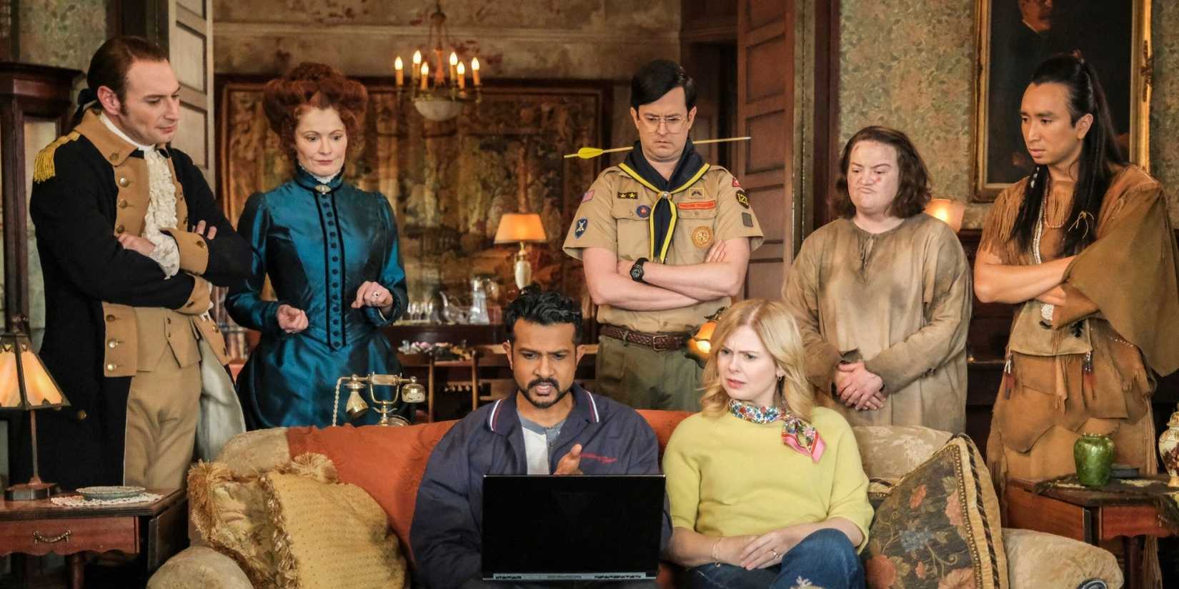 "Across the Pond" - Coverage of the CBS Original Series GHOSTS, scheduled to air Thursday, May 21 (9:30-10:00 PM, ET/PT) on the CBS Television Network. Pictured L to R: Brandon Scott Jones as Isaac, Rebecca Wisocky as Hetty, Utkarsh Ambudkar as Jay, Rose McIver as Samantha, Richie Moriarty as Pete, Betsy Sodaro as Nancy and Román Zaragoza as Sasappis. Photo: Bertrand Calmeau/CBS ©2026 CBS Broadcasting, Inc. All Rights Reserved.