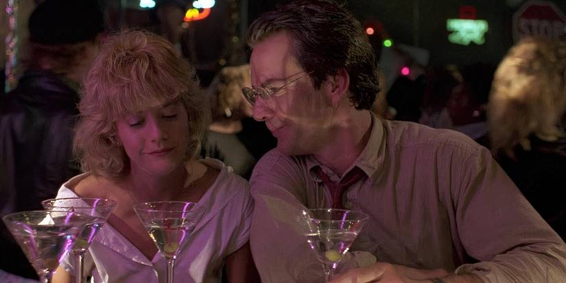 Dennis Quaid as Dexter Cornell and Meg Ryan as Sydney Fuller enjoying drinks together in 'D.O.A.' (1988)