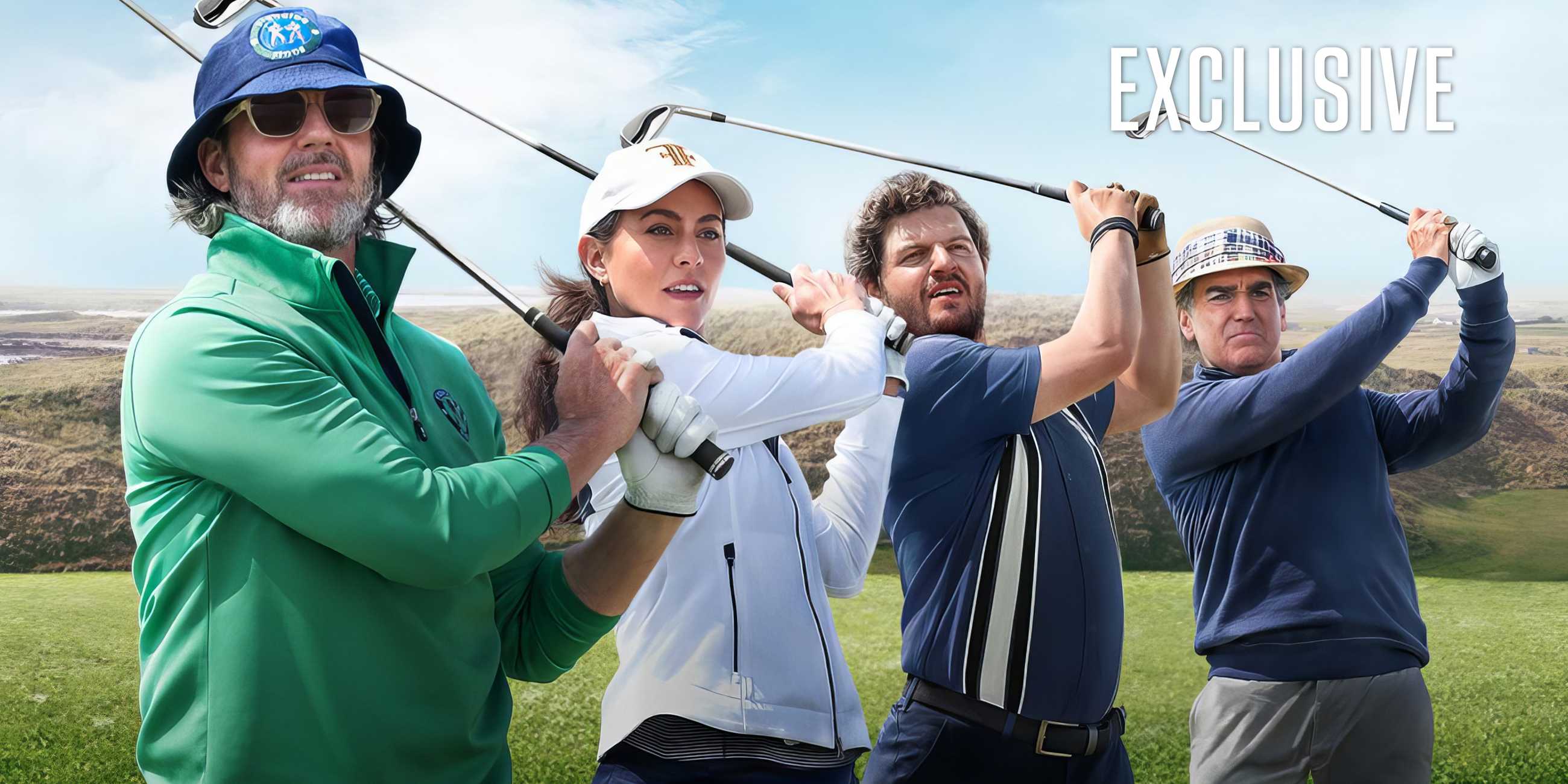Four golfers swinging their clubs in an exclusive image of Finnegan's-Foursome