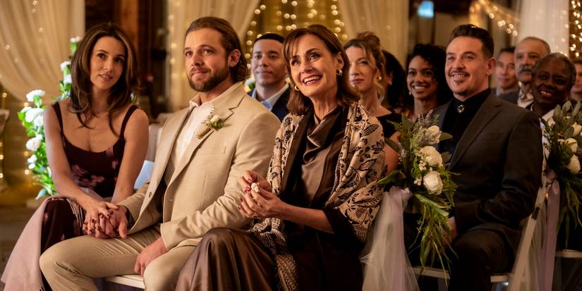 Fire Country - Bode Leone (Max Thieriot), Sharon Leone (Diane Farr), and Chloe Mackenzie (Alona Tal) attend Jake's wedding