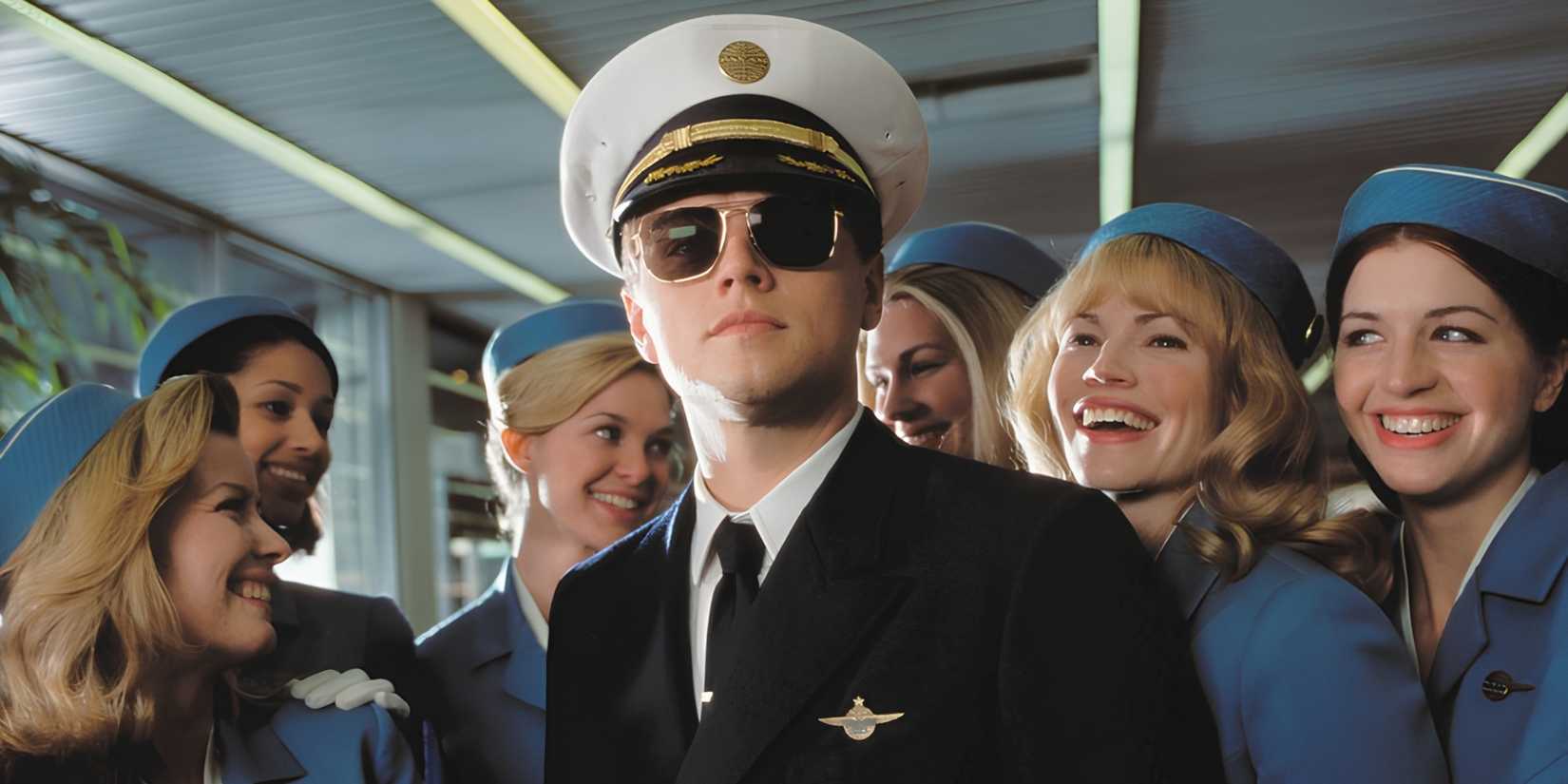 Closeup of Frank Abagnale Jr. (Leonardo DiCaprio) surrounded by stewardesses in Catch Me If You Can.