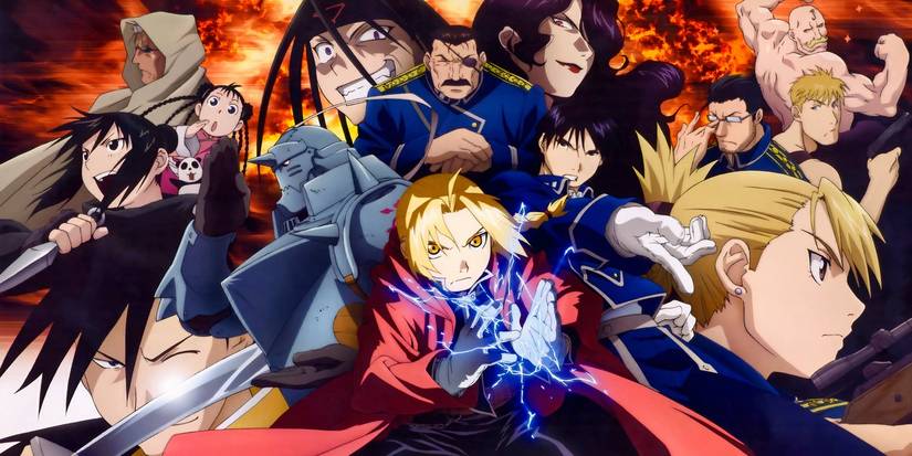 The main cast of characters from Fullmetal Alchemist: Brotherhood posing as a group