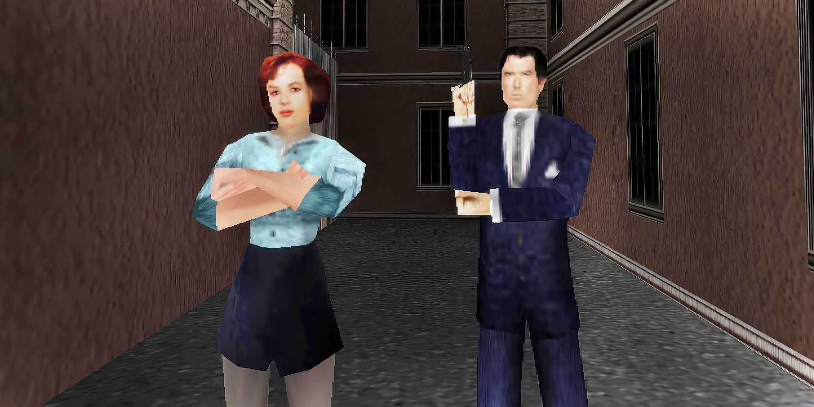 James Bond and a woman in an alley in the game Goldeneye-007