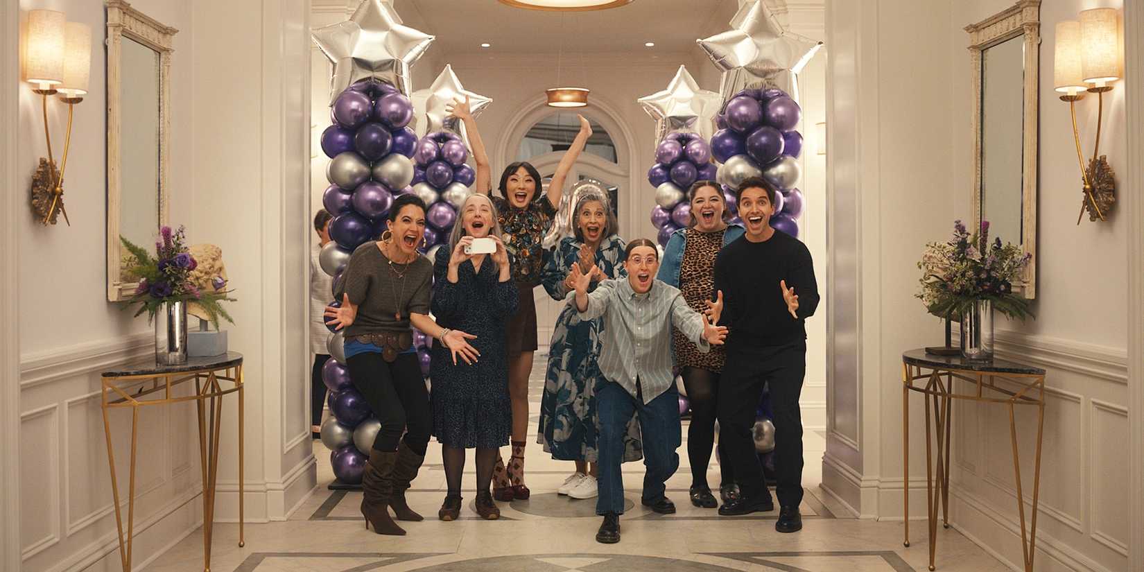 The cast of Hacks surprising Ava at her surprise party in Season 5