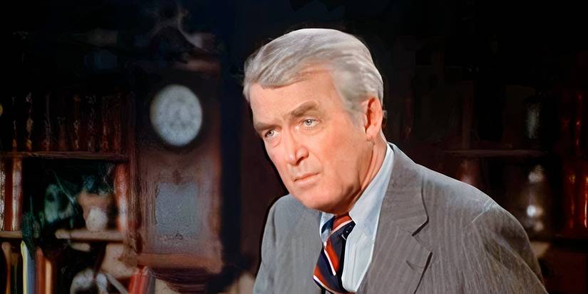 Jimmy Stewart looking intently at someone off-screen as Billy Jim Hawkins in Hawkins