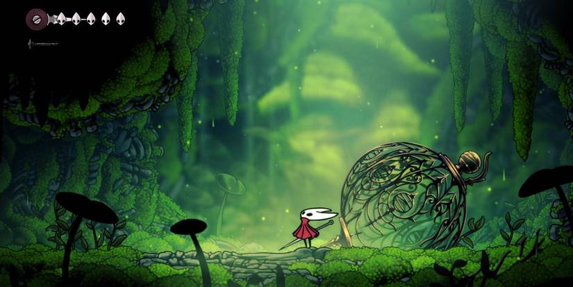 A bug wearing a robe in a forest in Hollow Knight