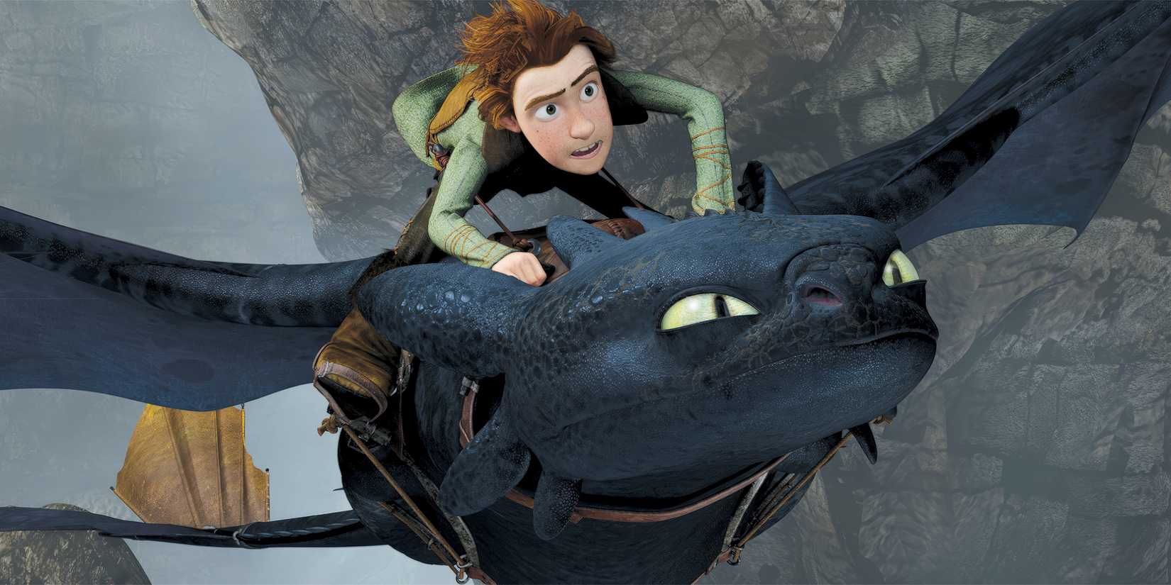 Hiccup flying on Toothless in How to Train Your Dragon