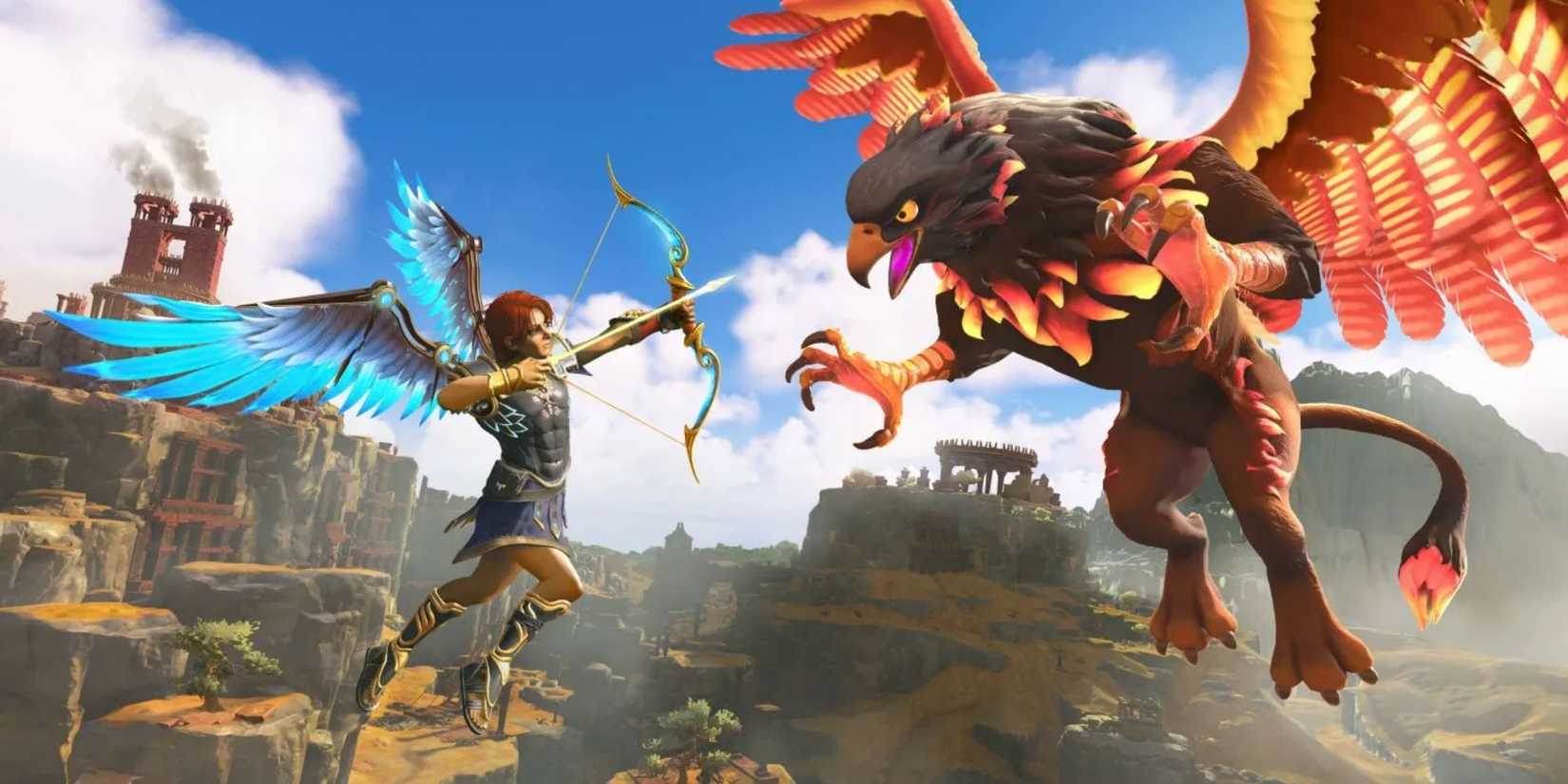 A woman shooting an arrow at a griffon in Immortals Fenyx Rising