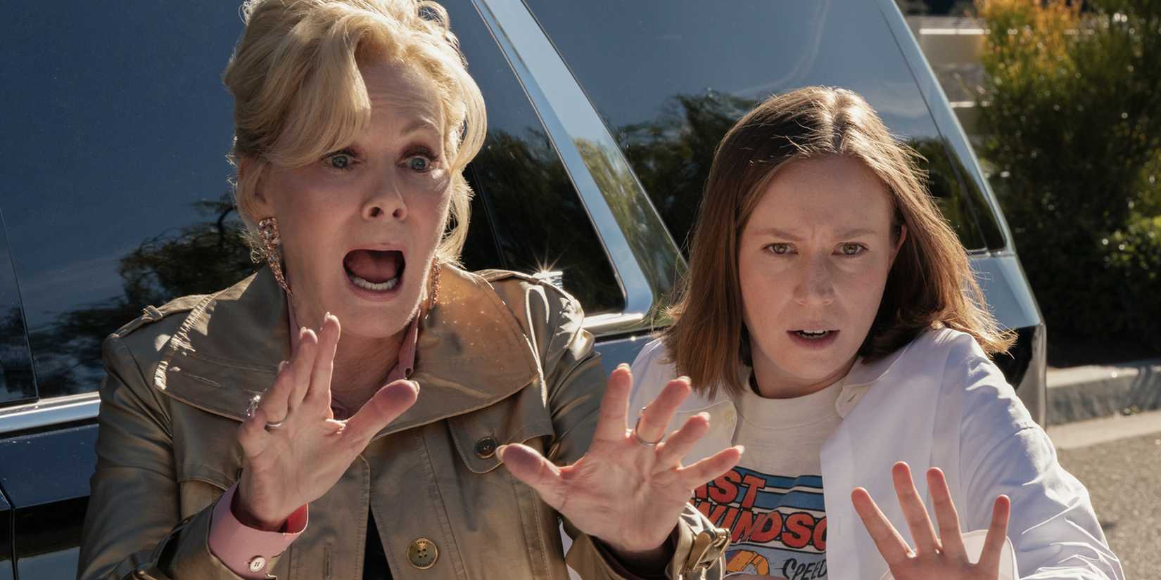 Jean Smart's Deborah Vance and Hannah Einbinder's Ava Daniels looking horrified in Hacks Season 5