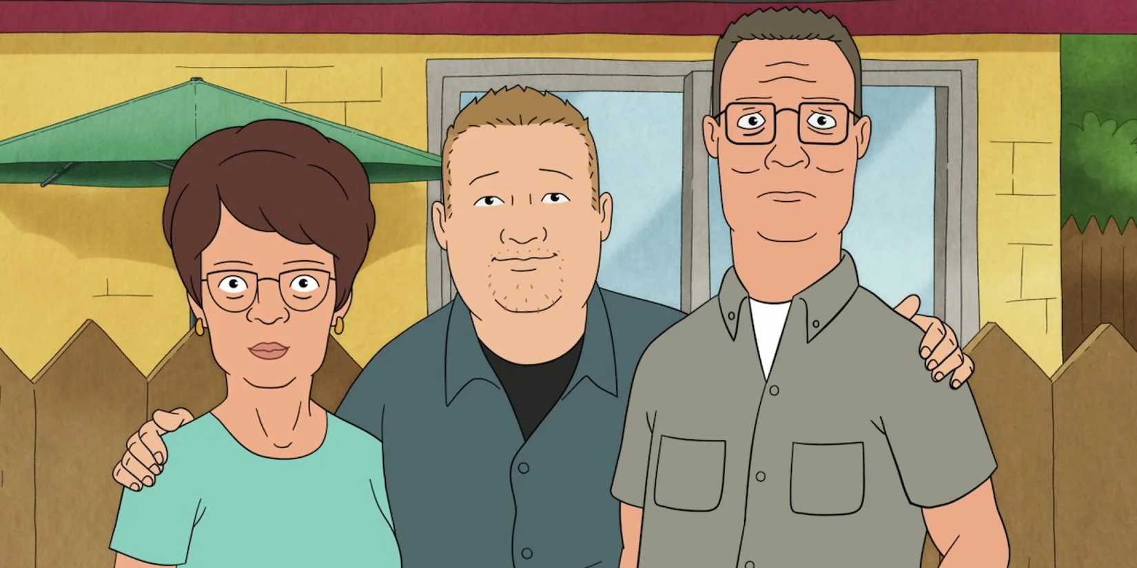 Peggy and Hank standing with Bobby in between them in the King of the Hill revival