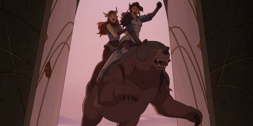Vex and Keyleth riding Trinket in Legend of Vox Machina Season 4