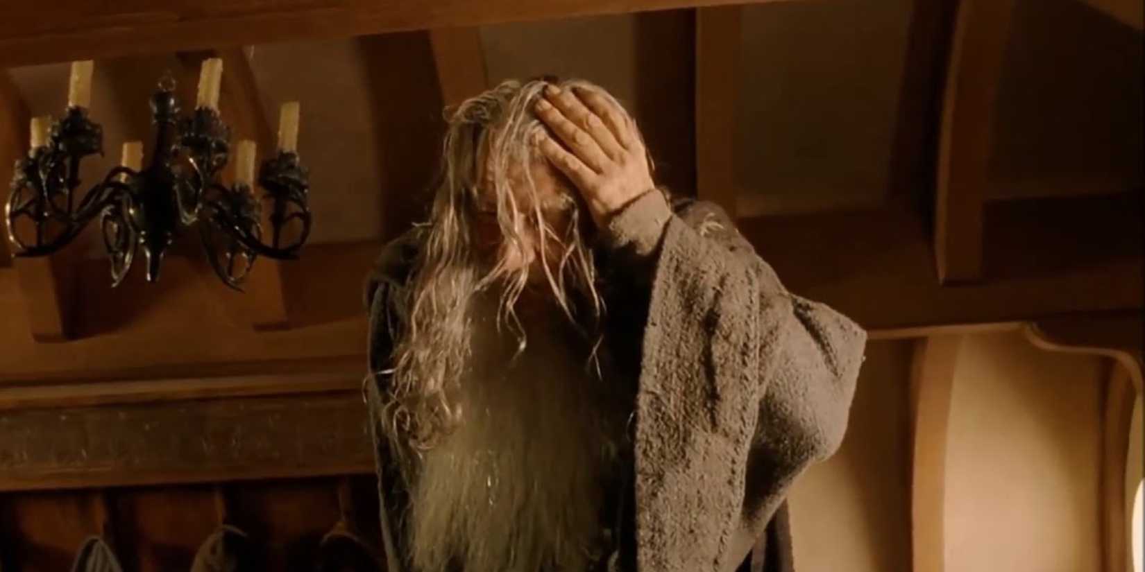 Ian McKellen bumps his head on the ceiling at Bag End in The Lord of the Rings