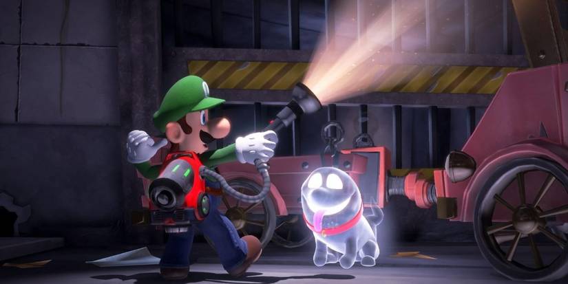 A ghost dog scaring Luigi in Luigi's Mansion 3 