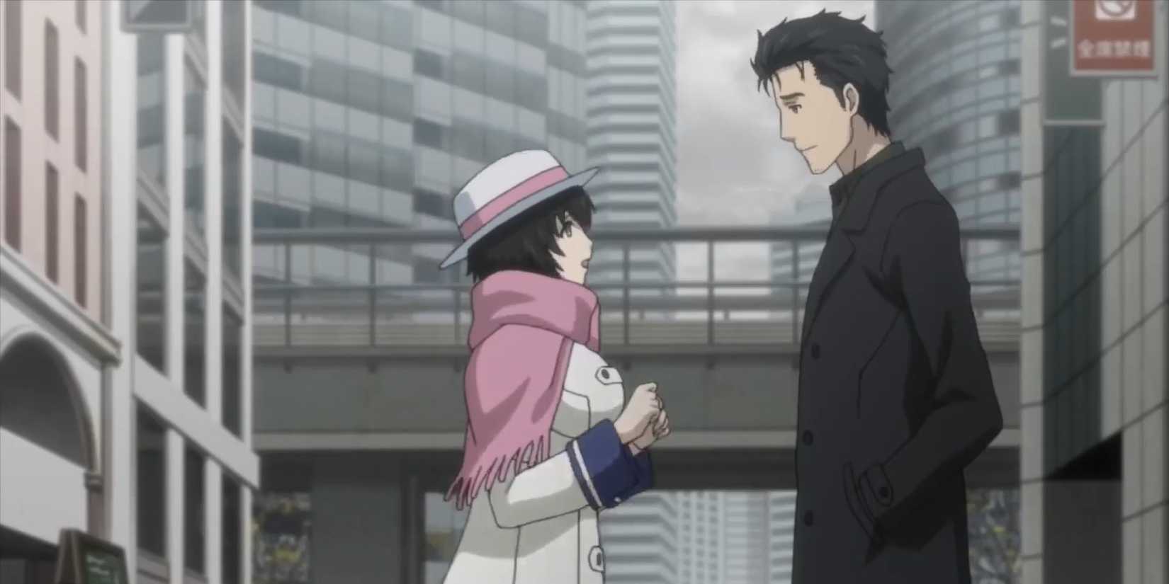 Man and woman talking in city in 'Steins;Gate 0'