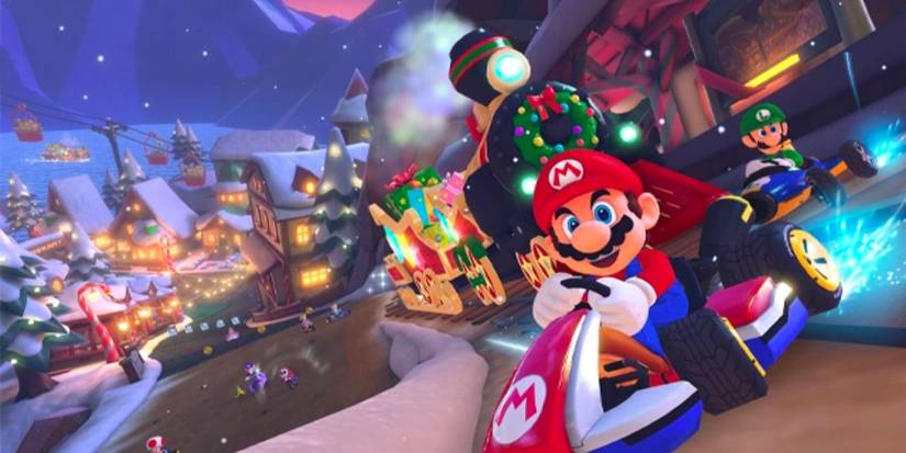 Mario and Luigi driving in front of a Christmas train in Mario Kart 8 Deluxe
