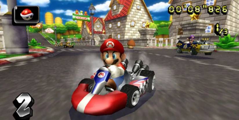 Mario drifting in a go kart in Mario Kart Wii