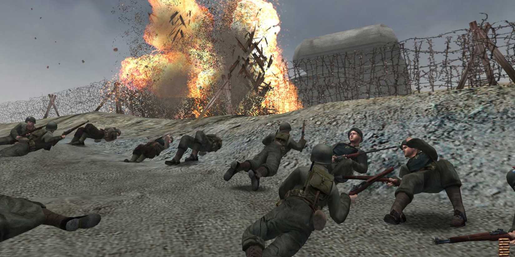American soldiers take cover from mortar fire on Omaha beach in 'Medal of Honor: Allied Assault'