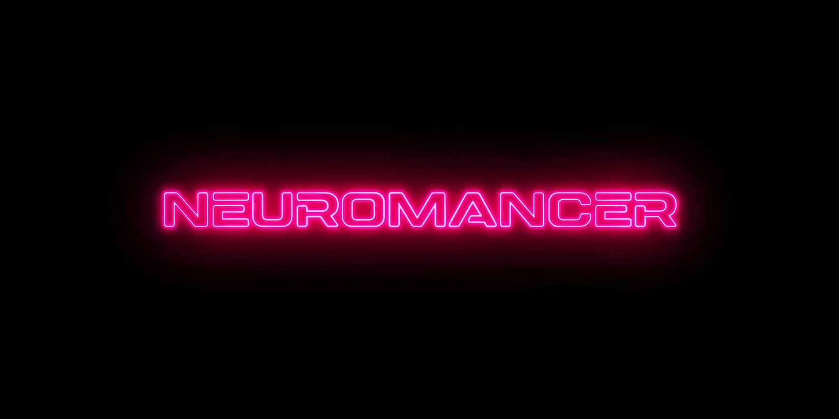 The title card for the upcoming Apple TV series Neuromancer, with the show's title written in a pink neon font against a black background.