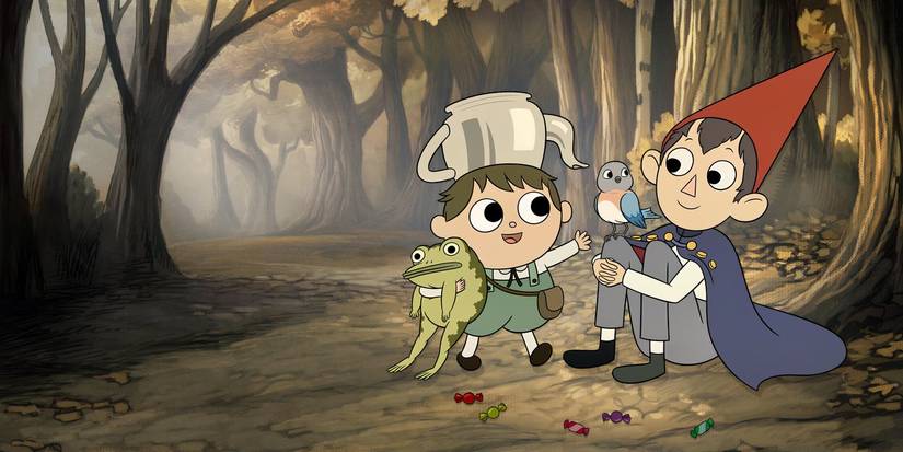 Greg holding his frog and standing next to a sitting Wirt as Beatrice rests on Wirt's knee in Over the Garden Wall.
