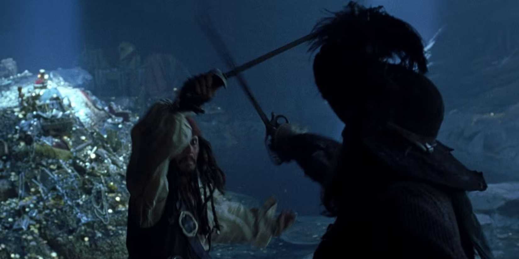 Captains Jack Sparrow and Hector Barbossa cross blades