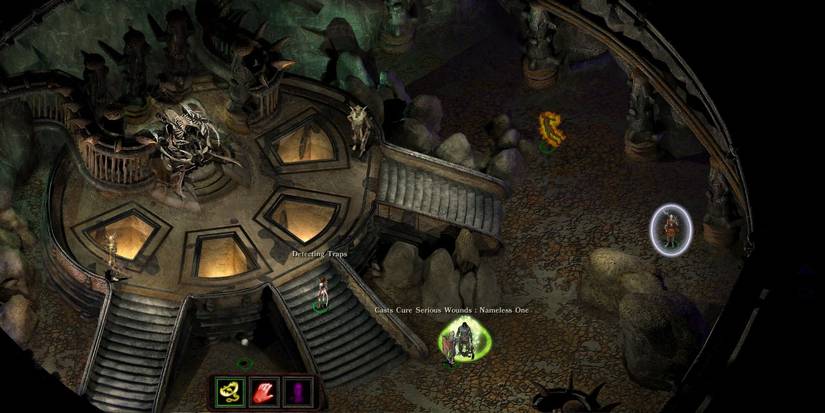 View from above of characters in a room in planescape-torment