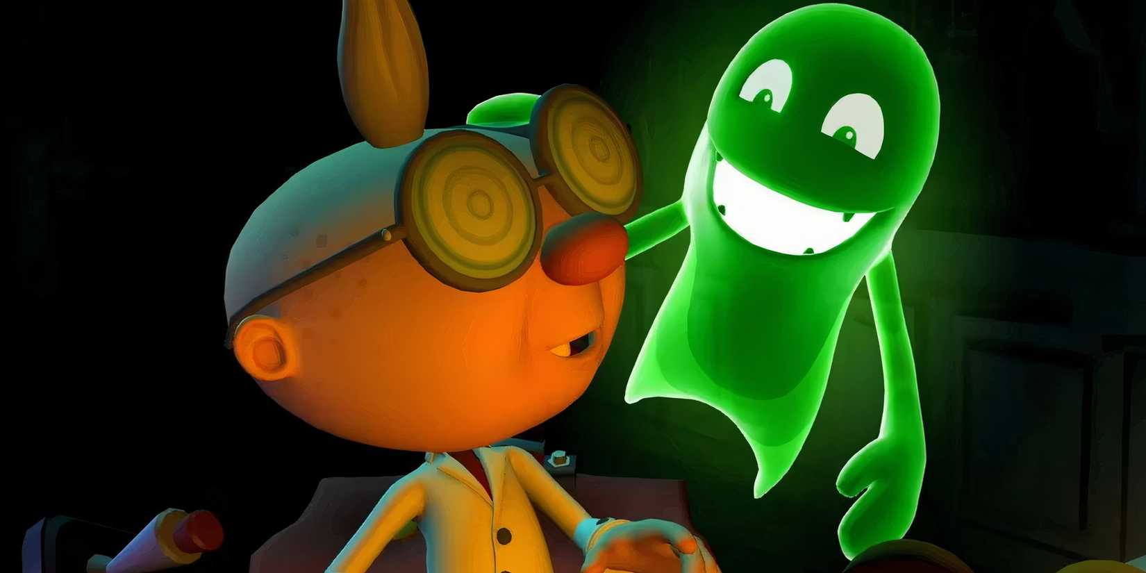 Professor E. Gadd with a green ghost behind his shoulder in 'Luigi's Mansion: Dark Moon'