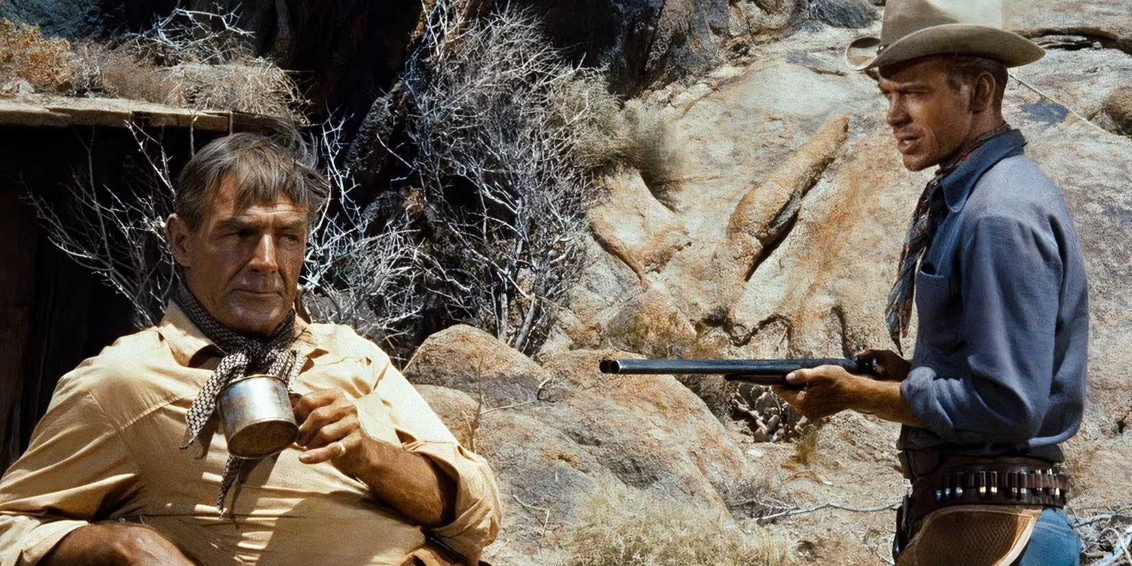 Randolph Scott drinking coffee while Skip Homeier points a gun at him in 'The Tall T'